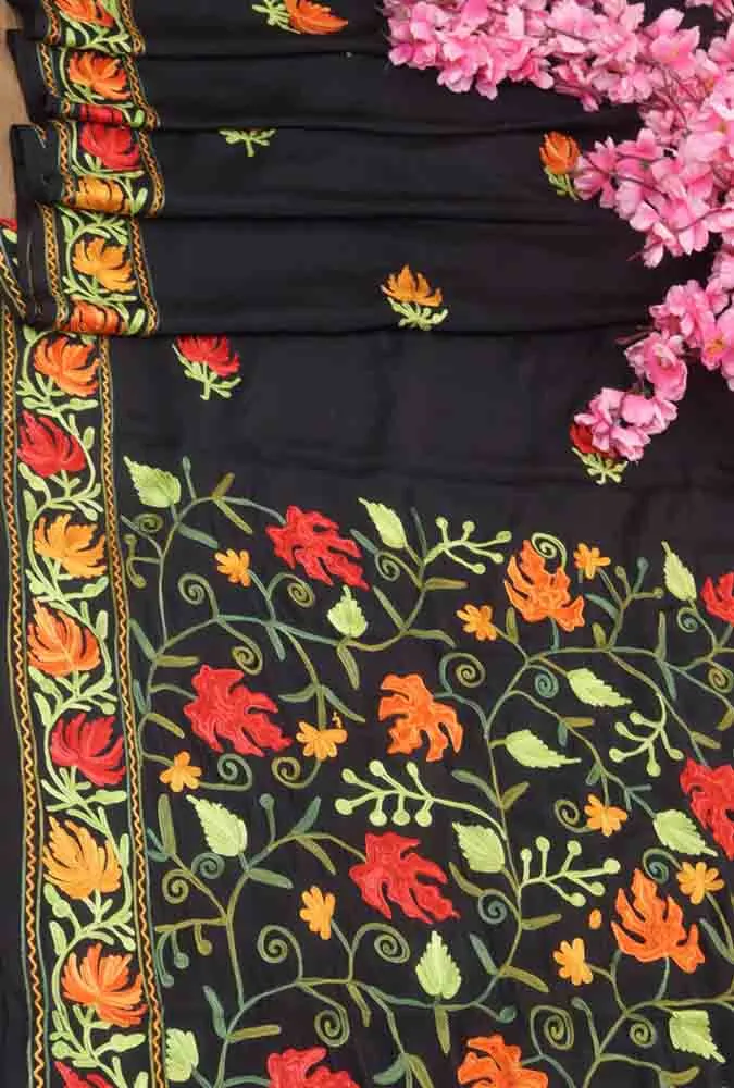 Black Embroidered Kashmiri Aari Work Crepe Floral Design Saree