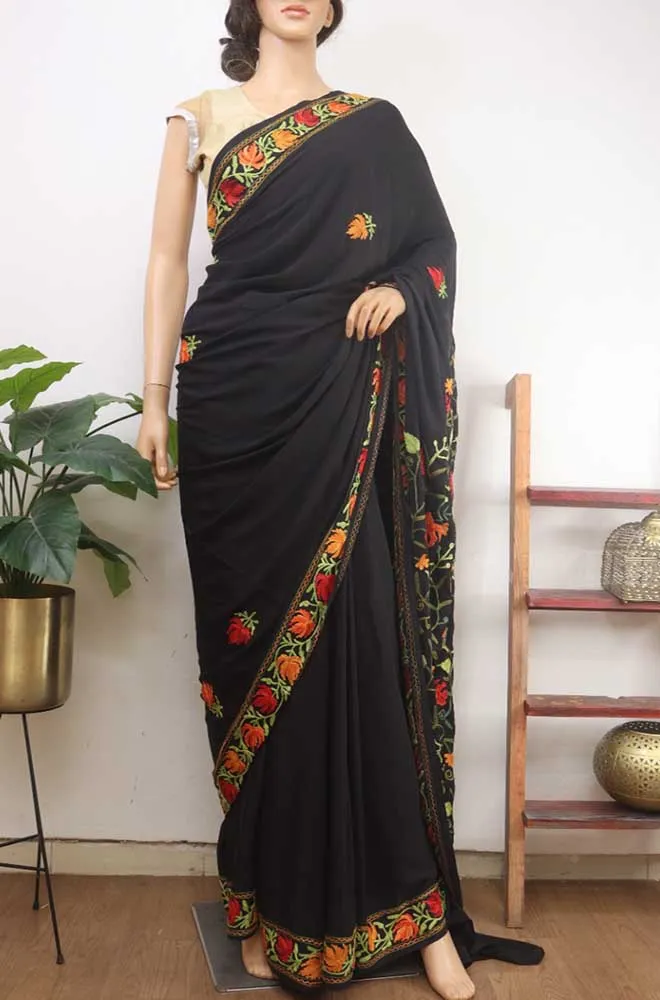 Black Embroidered Kashmiri Aari Work Crepe Floral Design Saree