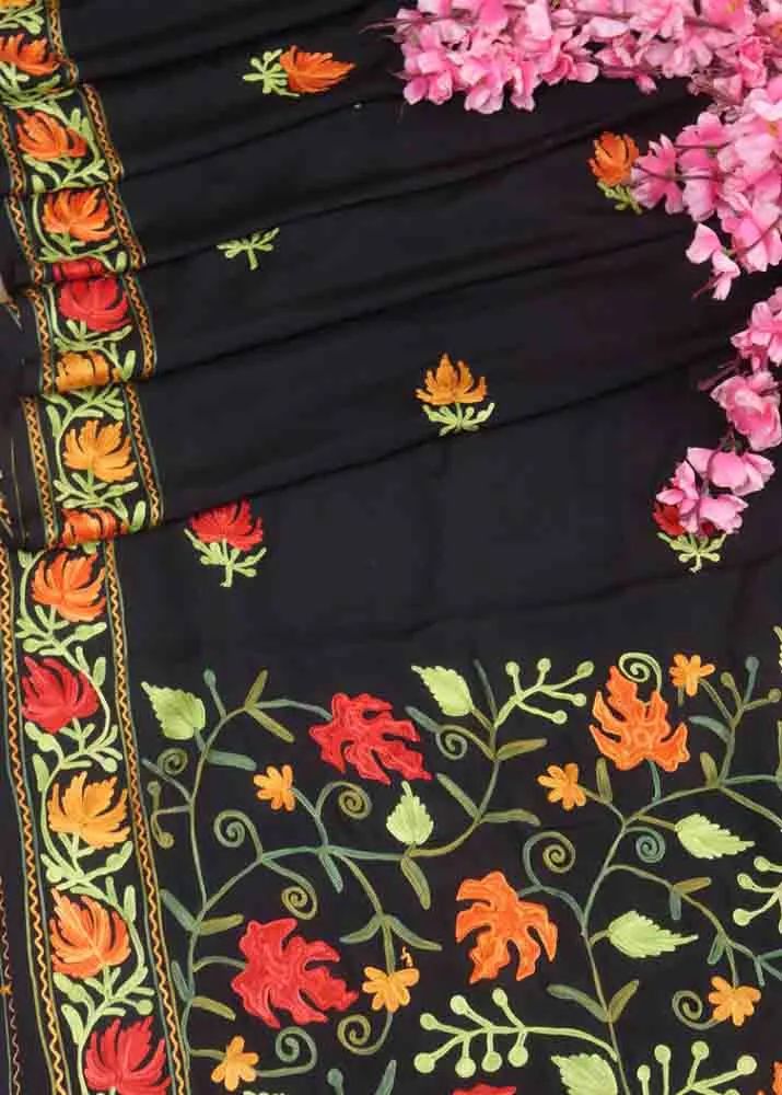 Black Embroidered Kashmiri Aari Work Crepe Floral Design Saree