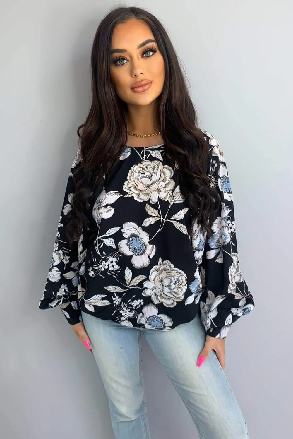 Black Floral Wide Sleeve Blouse