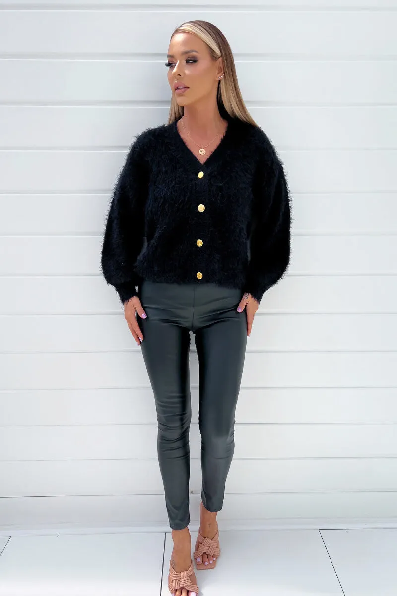 Black Fluffy Knit Button Front Cropped Cardigan