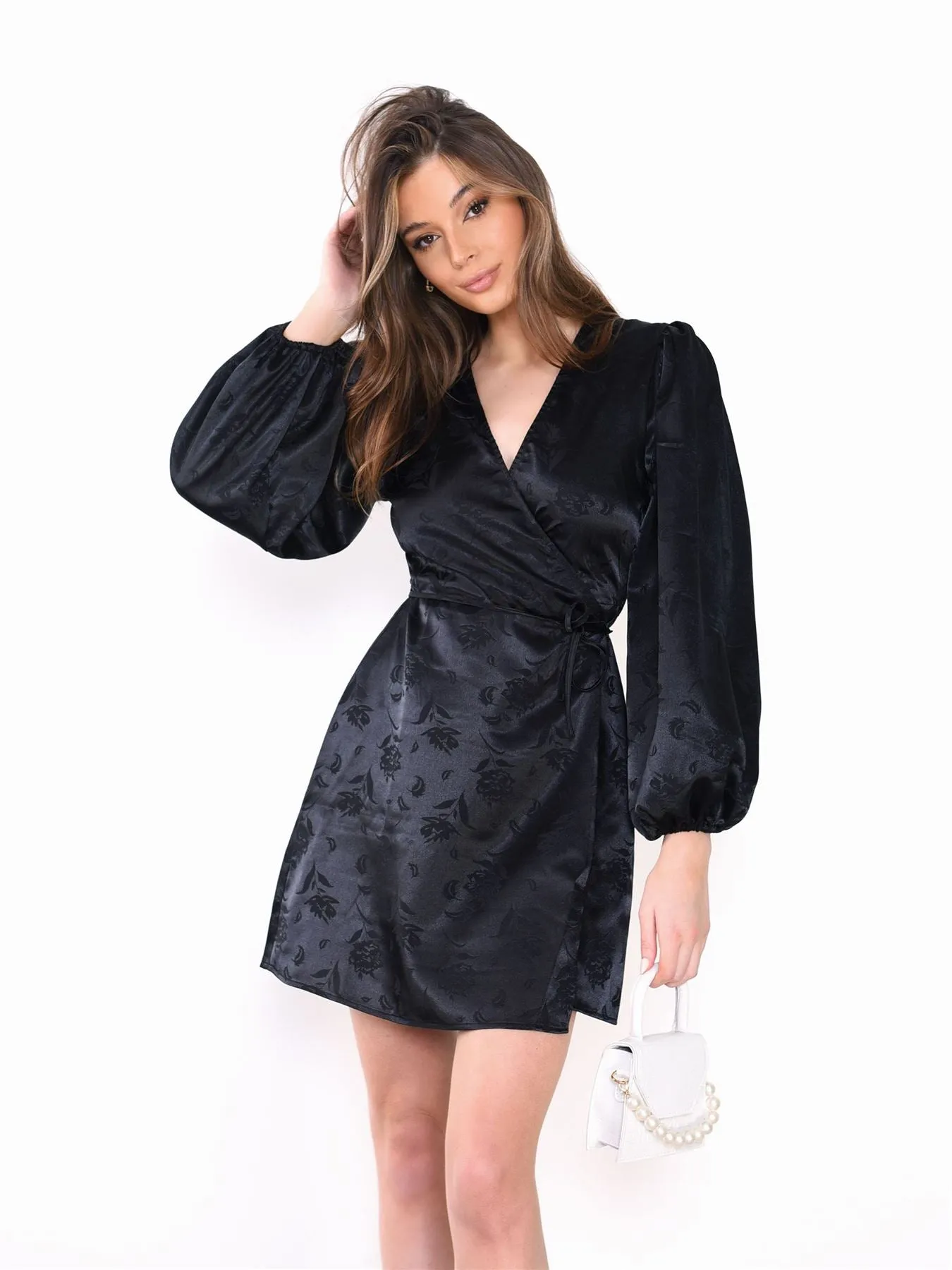 Black-Satin Jacquard Wrap Mini-Dress