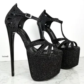 Black Shimmer Laser Cut T-Strap High Heels