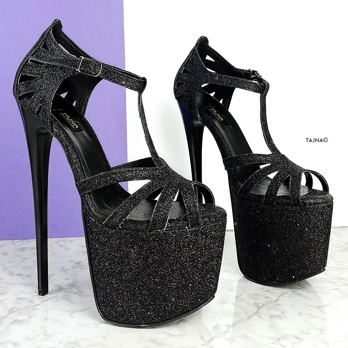 Black Shimmer Laser Cut T-Strap High Heels