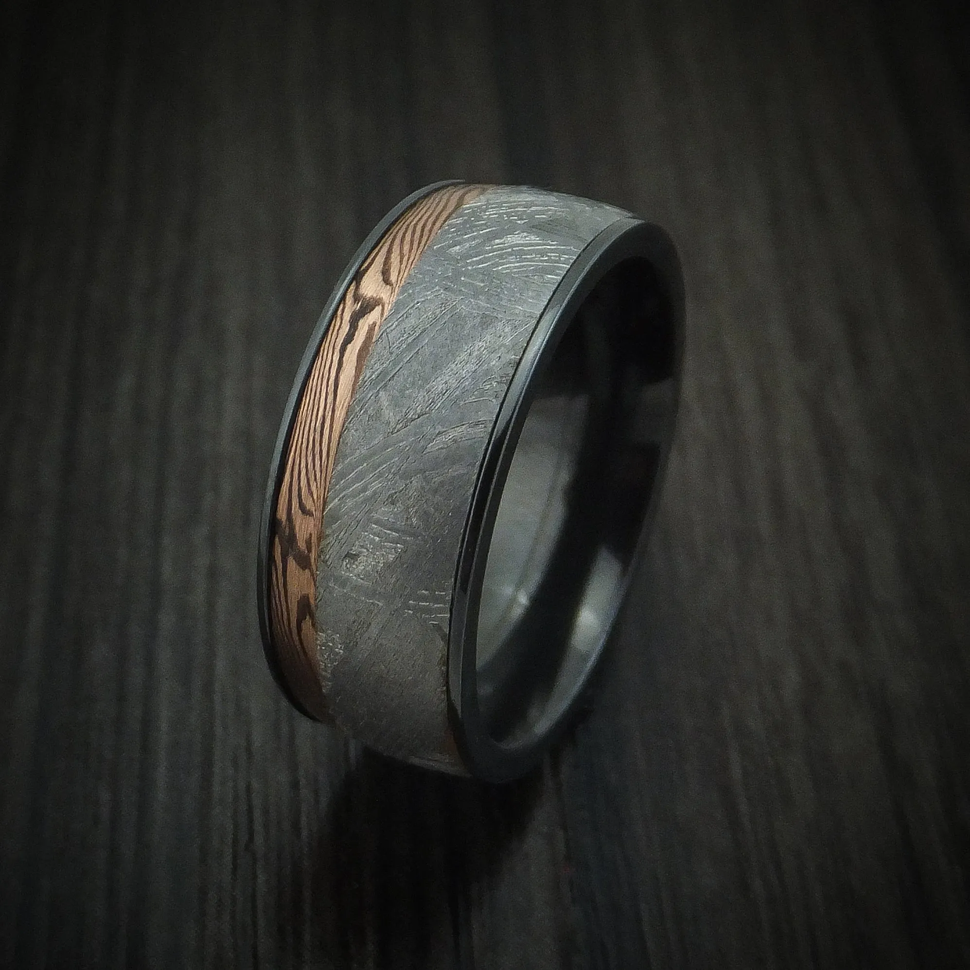 Black Titanium Men's Ring with Meteorite and Mokume Shakudo Inlays Custom Made