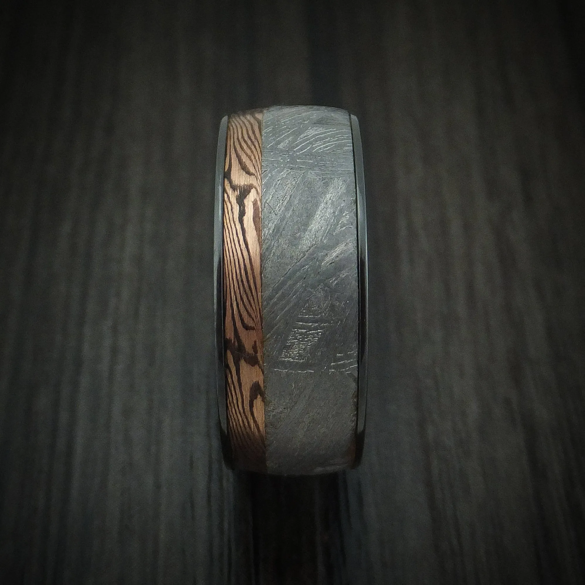 Black Titanium Men's Ring with Meteorite and Mokume Shakudo Inlays Custom Made