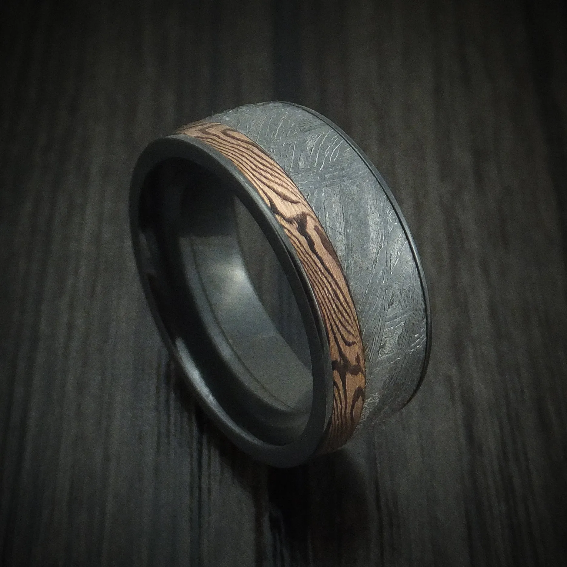 Black Titanium Men's Ring with Meteorite and Mokume Shakudo Inlays Custom Made