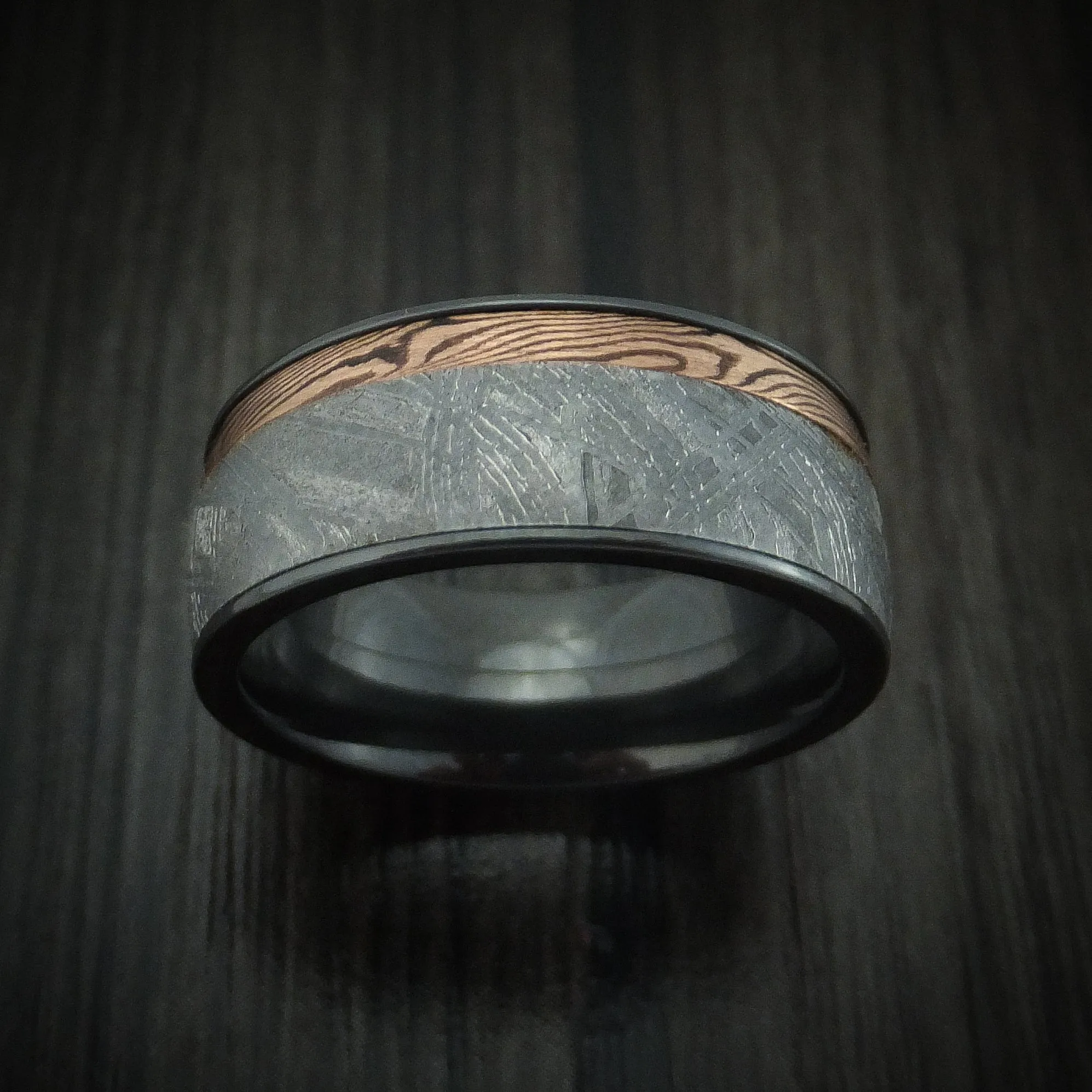 Black Titanium Men's Ring with Meteorite and Mokume Shakudo Inlays Custom Made