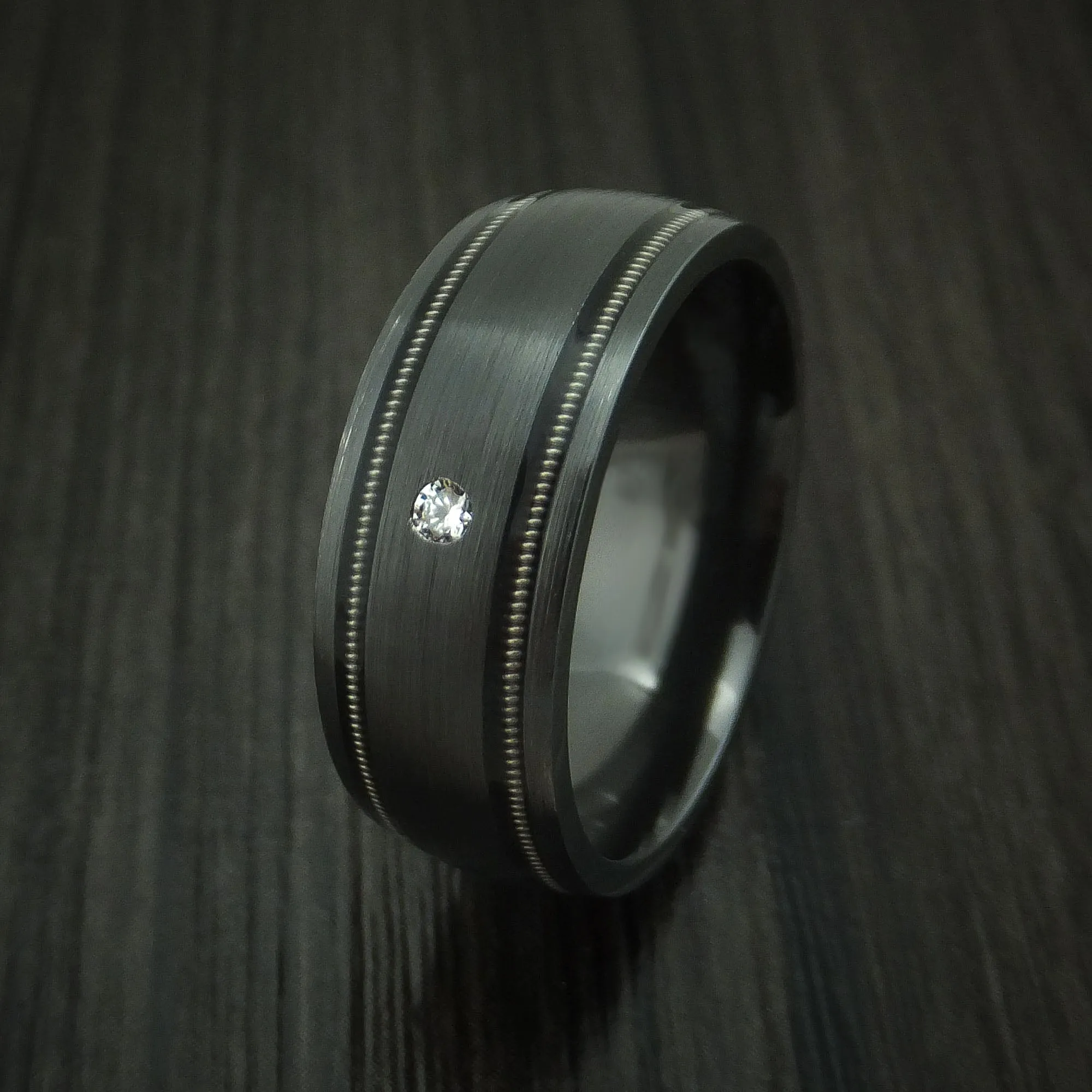 Black Zirconium and Diamond Men's Ring with Guitar String Inlays Custom Made Band