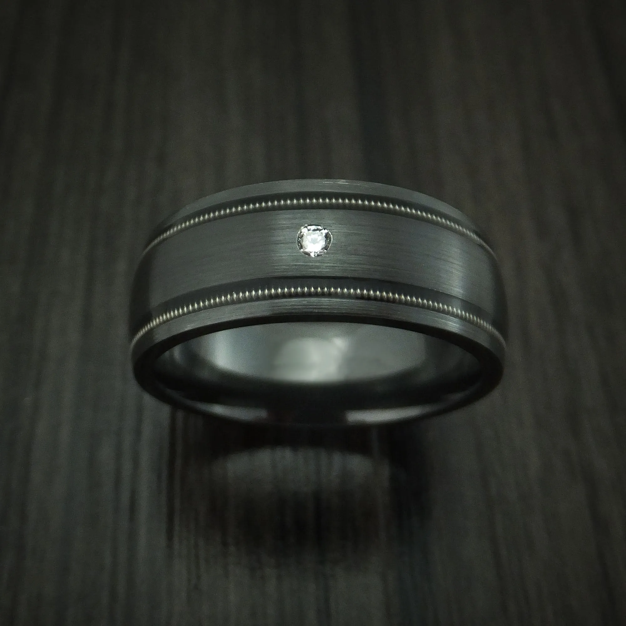 Black Zirconium and Diamond Men's Ring with Guitar String Inlays Custom Made Band