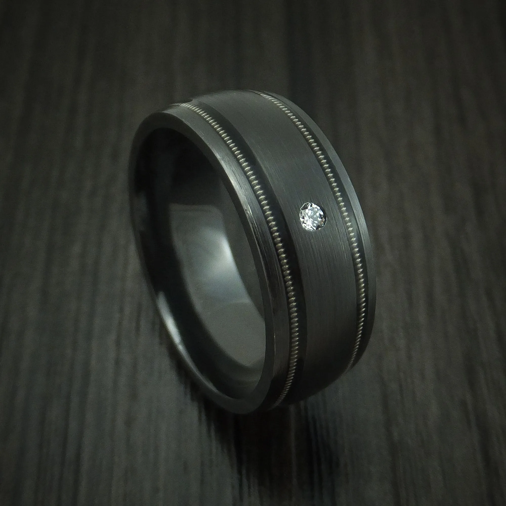 Black Zirconium and Diamond Men's Ring with Guitar String Inlays Custom Made Band