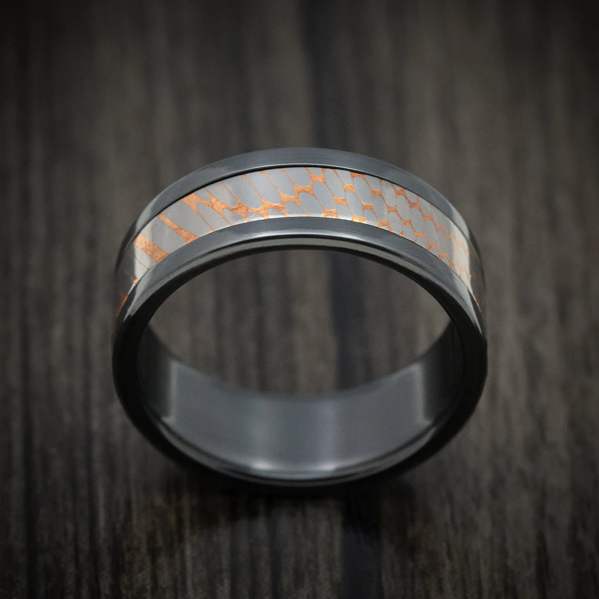 Black Zirconium And Superconductor Men's Ring Custom Made Titanium-Niobium And Copper Band