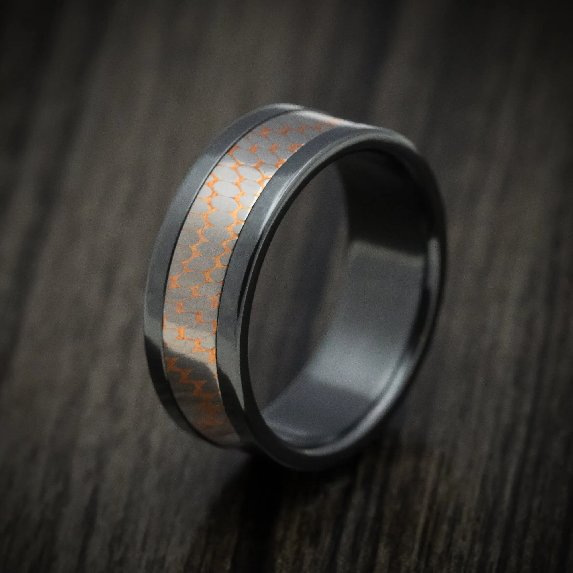 Black Zirconium And Superconductor Men's Ring Custom Made Titanium-Niobium And Copper Band