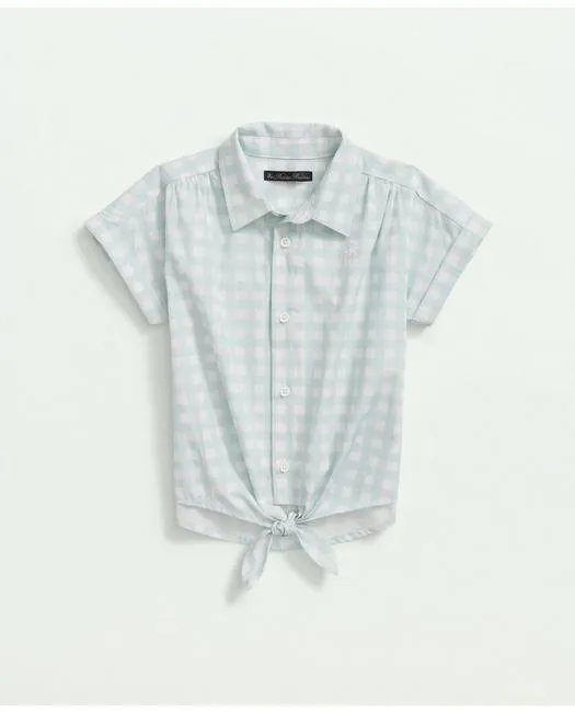 Brooks Brothers Girls Cotton Tie Front Short Sleeve Gingham Shirt Aqua