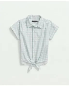 Brooks Brothers Girls Cotton Tie Front Short Sleeve Gingham Shirt Aqua