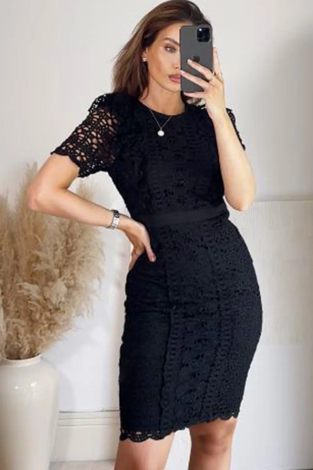 Candice Black Crochet Lace Frill Midi Dress