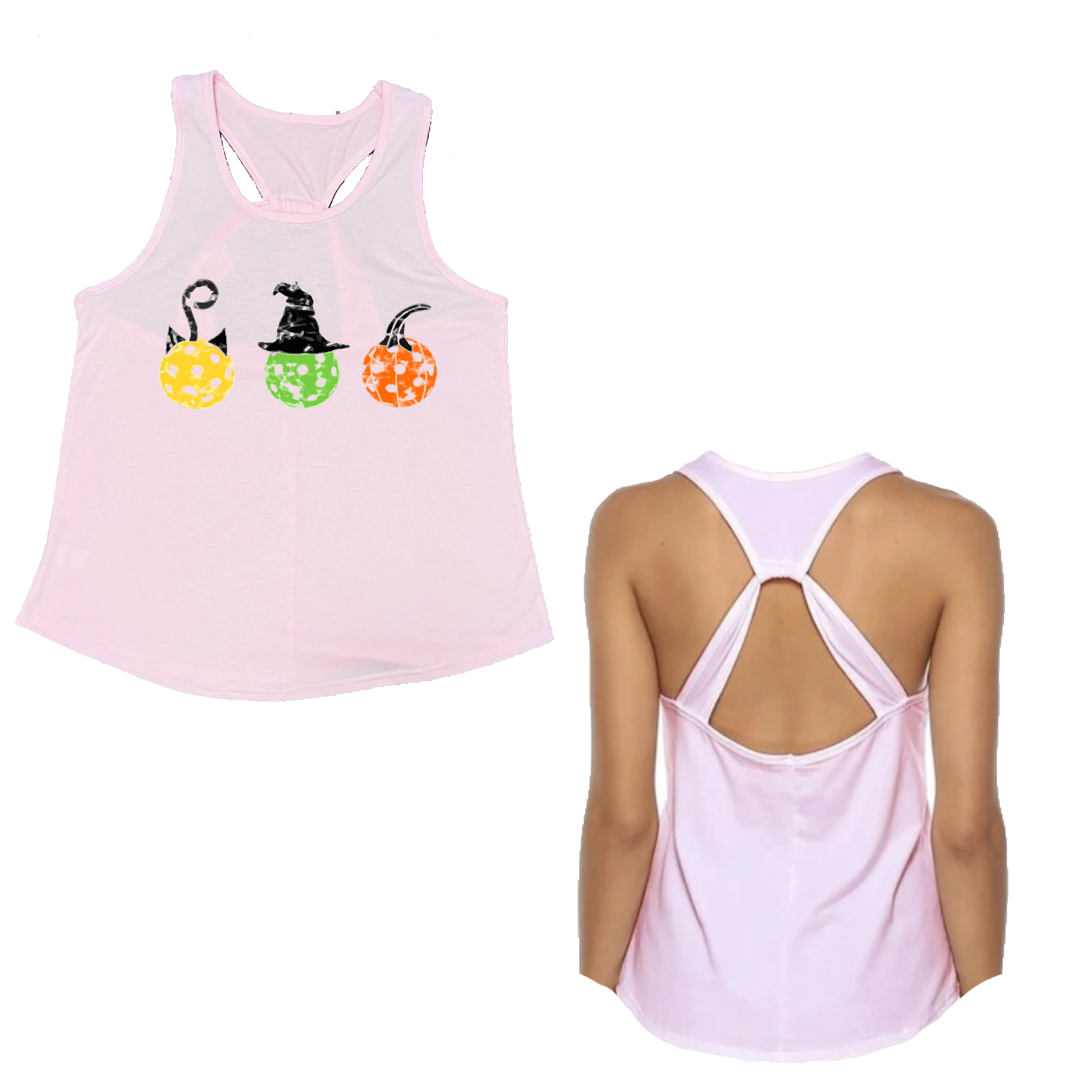 Cat Witch Pumpkin  | Women's Open X-Back Pickleball Tank | Quick Dry Athletic Shirt