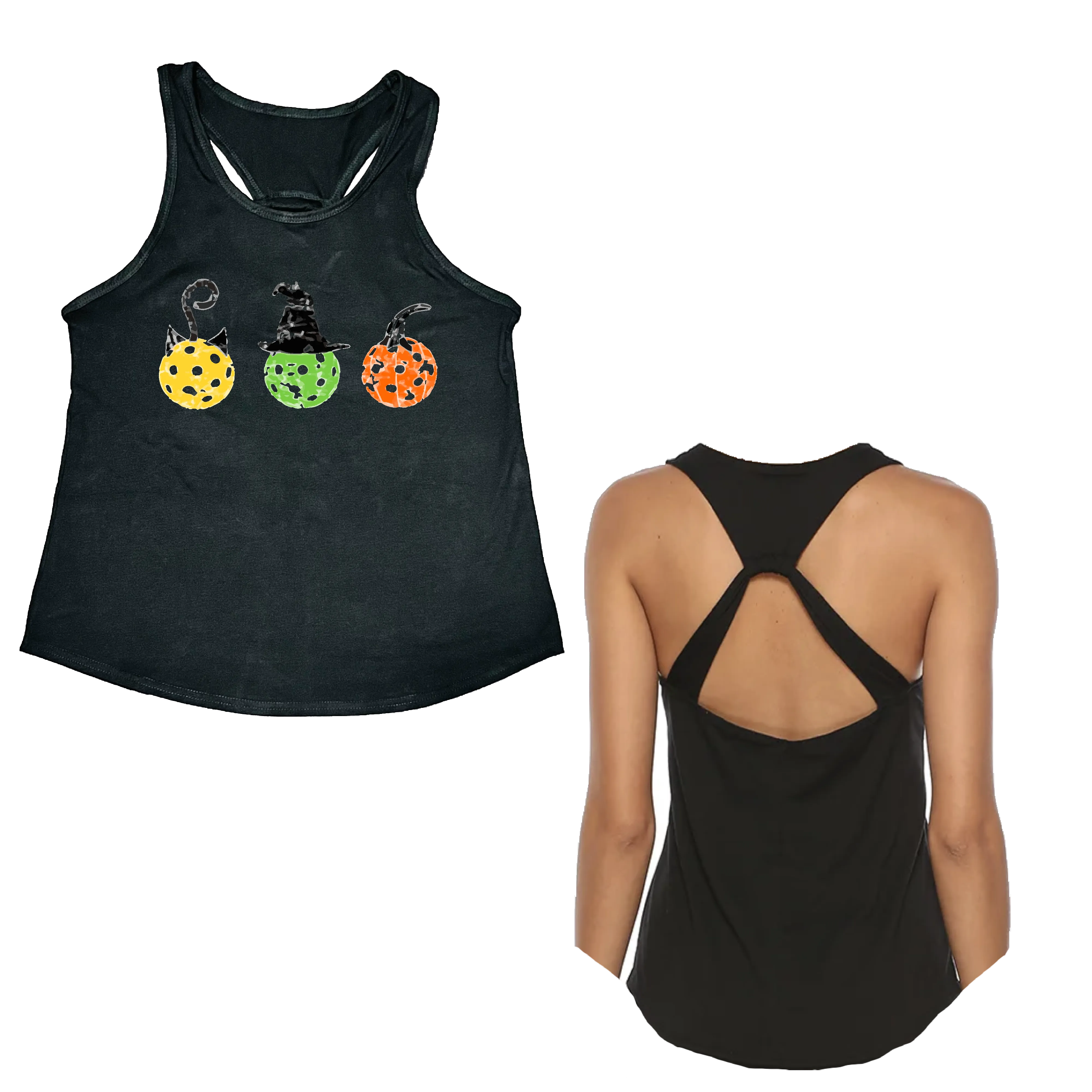 Cat Witch Pumpkin  | Women's Open X-Back Pickleball Tank | Quick Dry Athletic Shirt