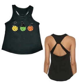 Cat Witch Pumpkin  | Women's Open X-Back Pickleball Tank | Quick Dry Athletic Shirt