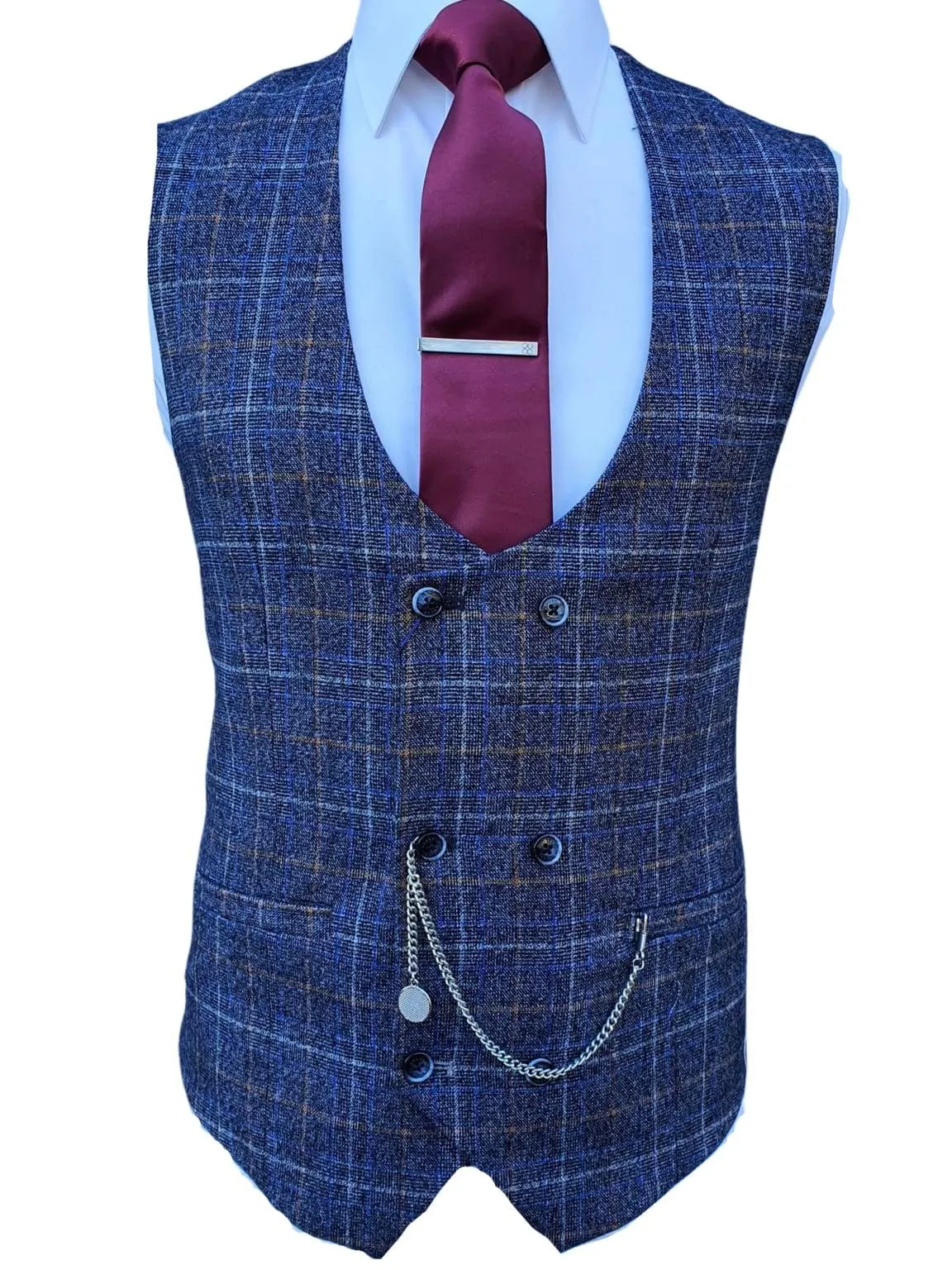 Cavani Bonita Blue Tweed Check Style Waistcoat