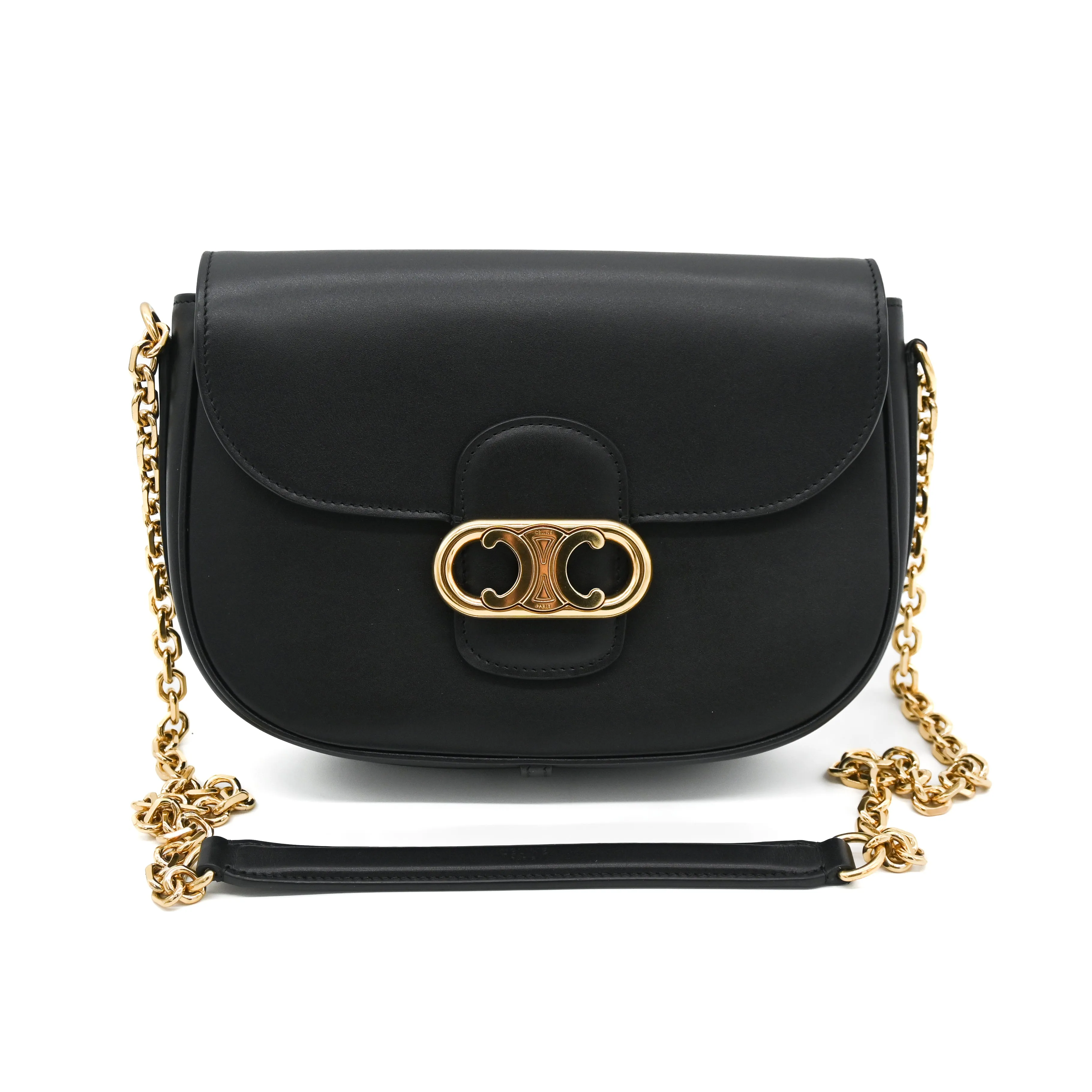 Celine Medium Chain Maillon Triomphe Bag in Black Shiny Calfskin