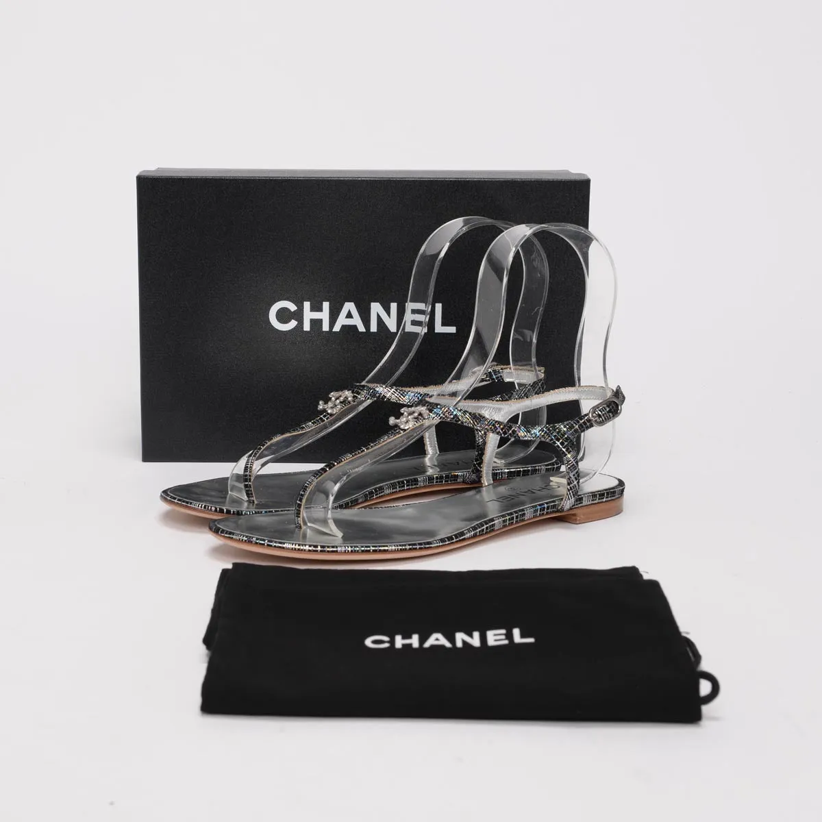 Chanel Black Iridescent CC Thong Sandals 40.5