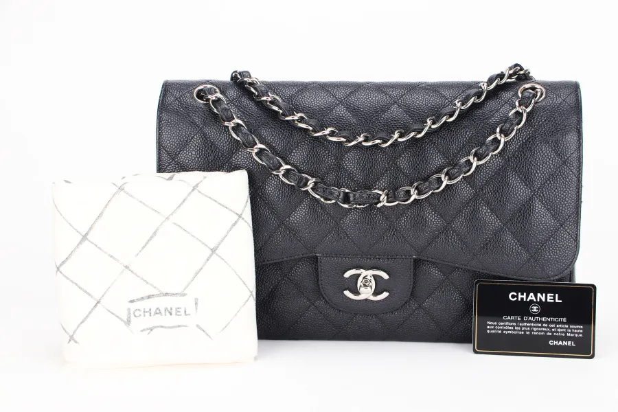 CHANEL CLASSIC FLAP JUMBO (2151xxxx) BLACK CAVIAR SILVER HARDWARE WITH CARD & DUST COVER