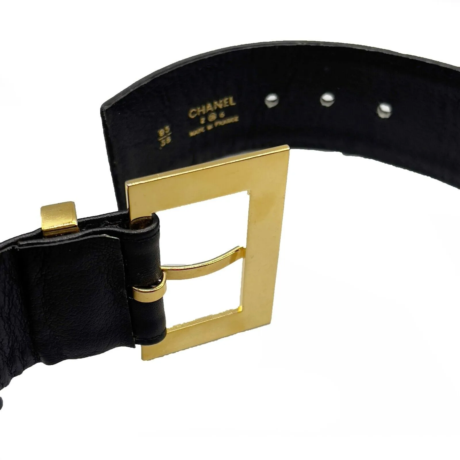 CHANEL - Collection 26 - Black Leather & Gold-Tone Link 1980 Belt - 38 / 95