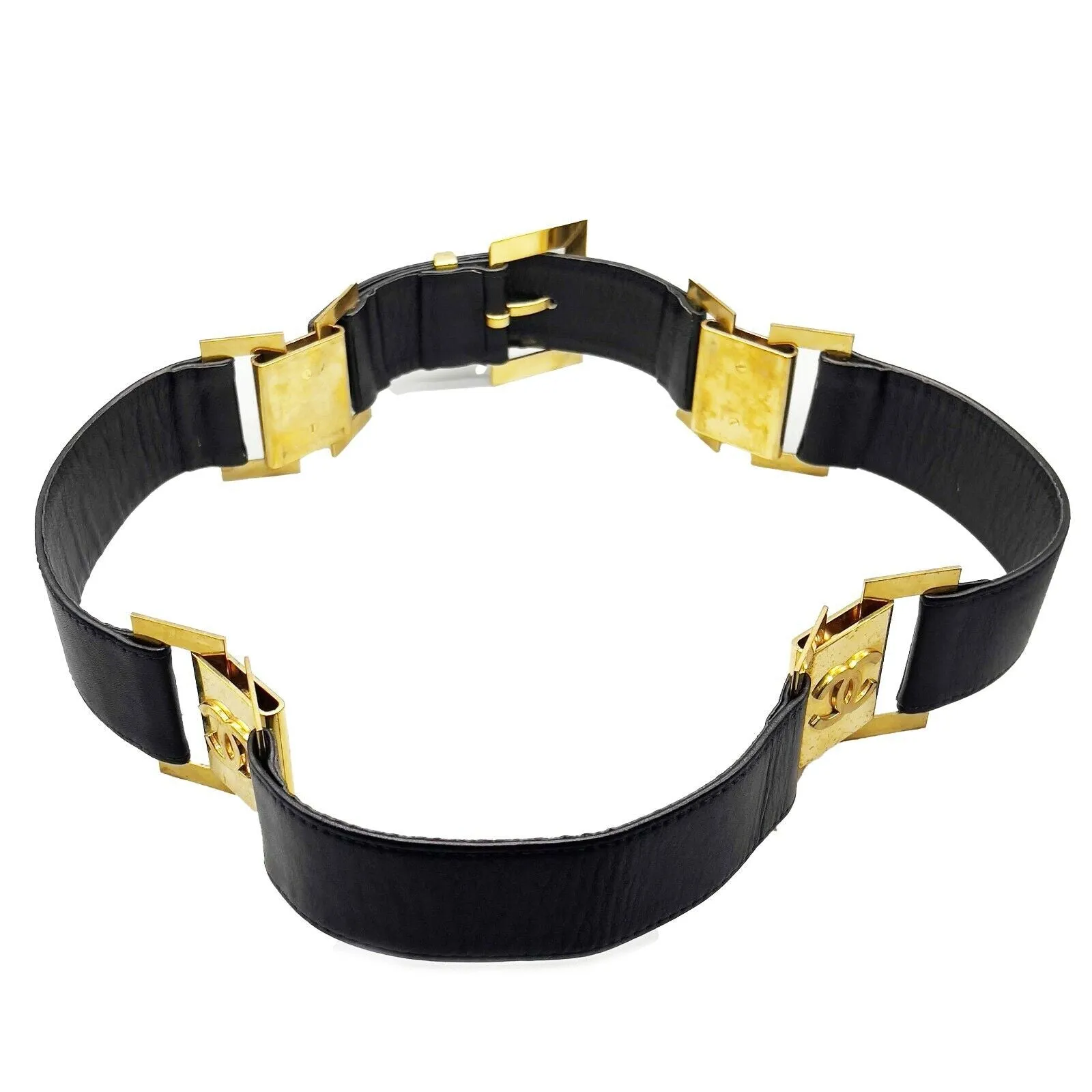 CHANEL - Collection 26 - Black Leather & Gold-Tone Link 1980 Belt - 38 / 95