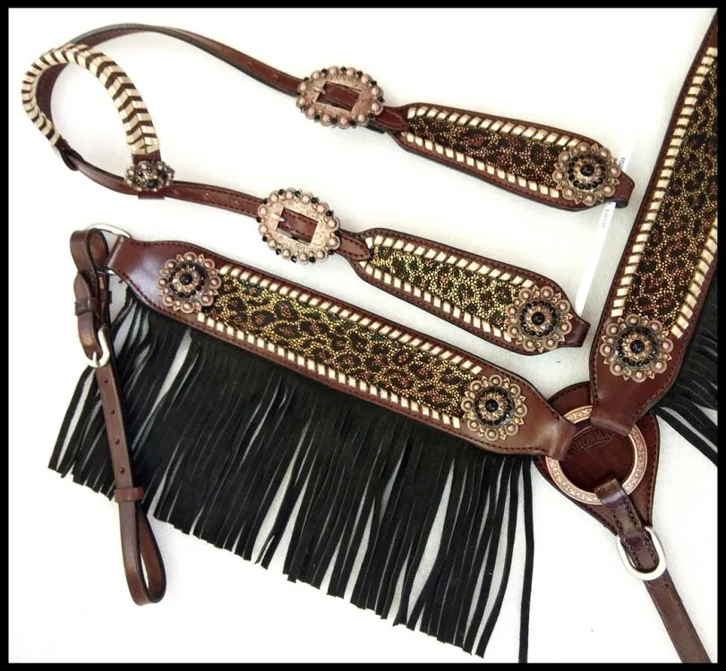 Cheetah & Black Suede Fringe Headstall Set