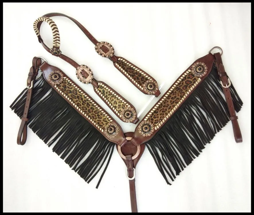 Cheetah & Black Suede Fringe Headstall Set