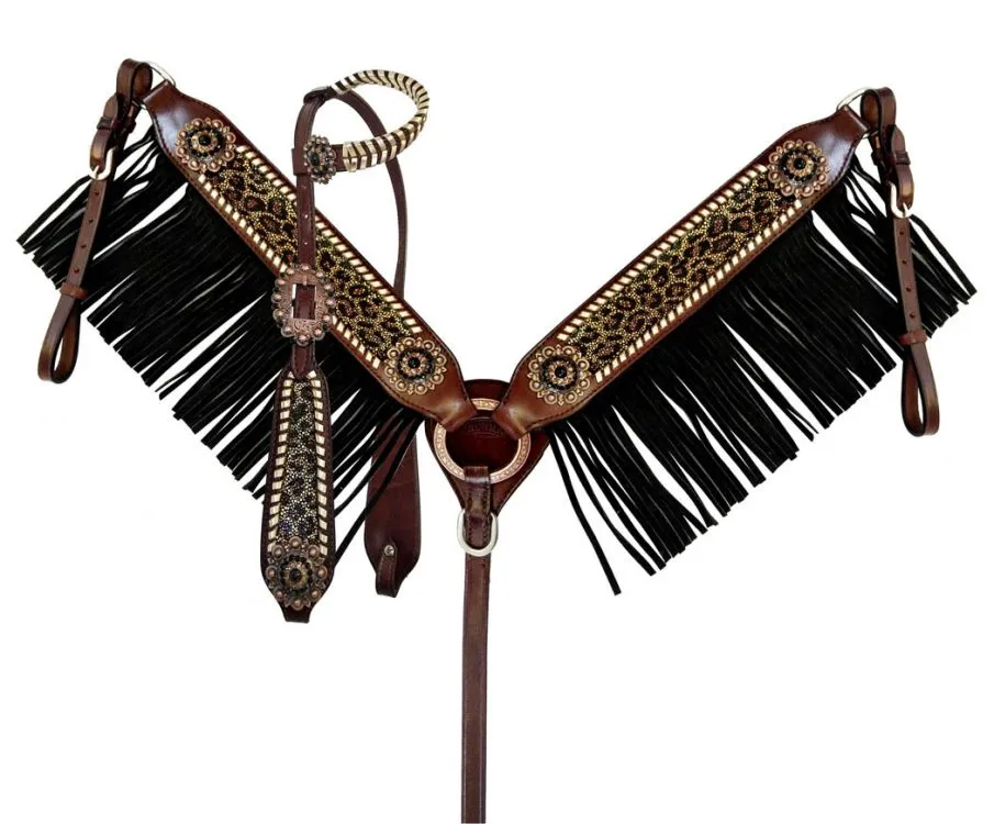 Cheetah & Black Suede Fringe Headstall Set