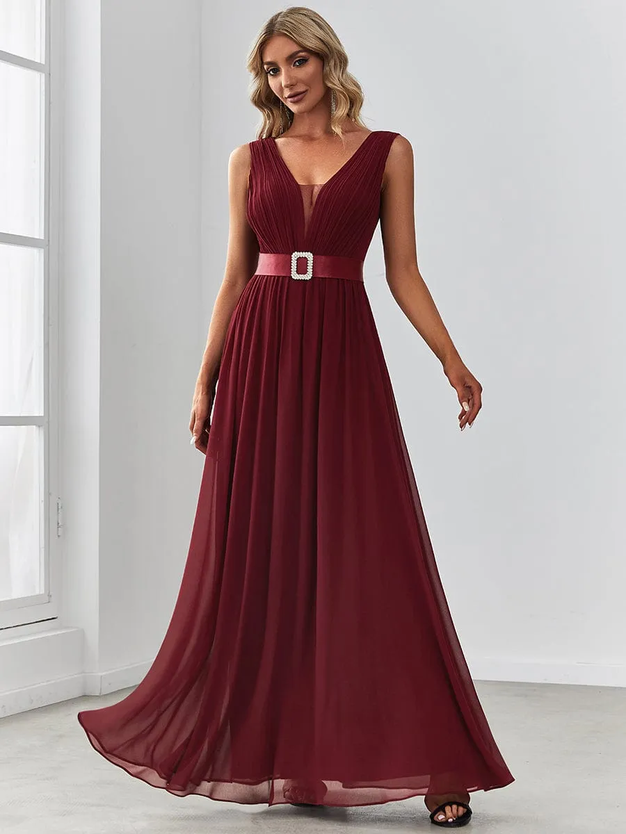 Chiffon Illusion V-Neck Sequin Belt A-Line Evening Dress