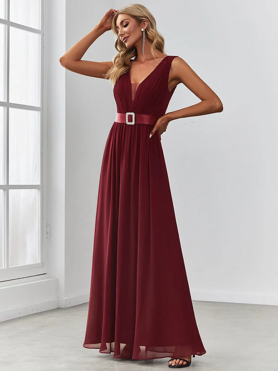 Chiffon Illusion V-Neck Sequin Belt A-Line Evening Dress