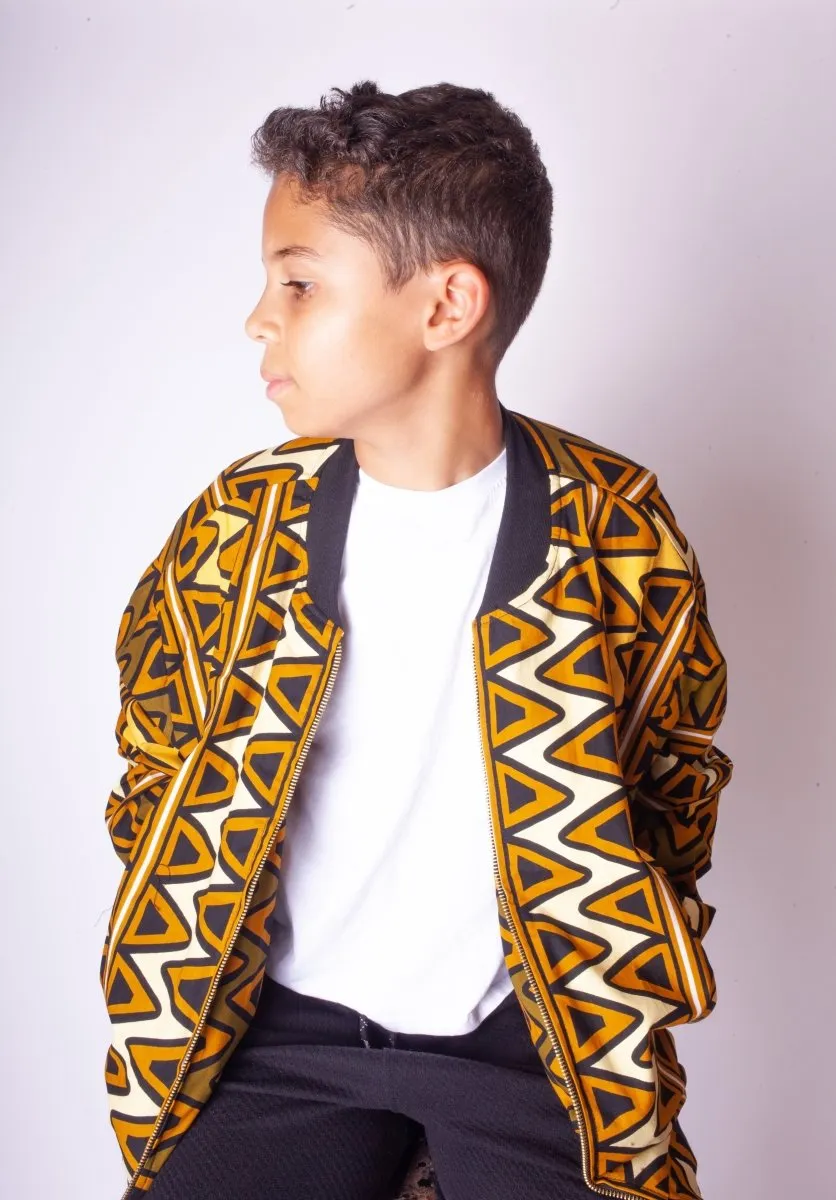 Children's African Bomber Jacket In Earthy Tones Mud Cloth