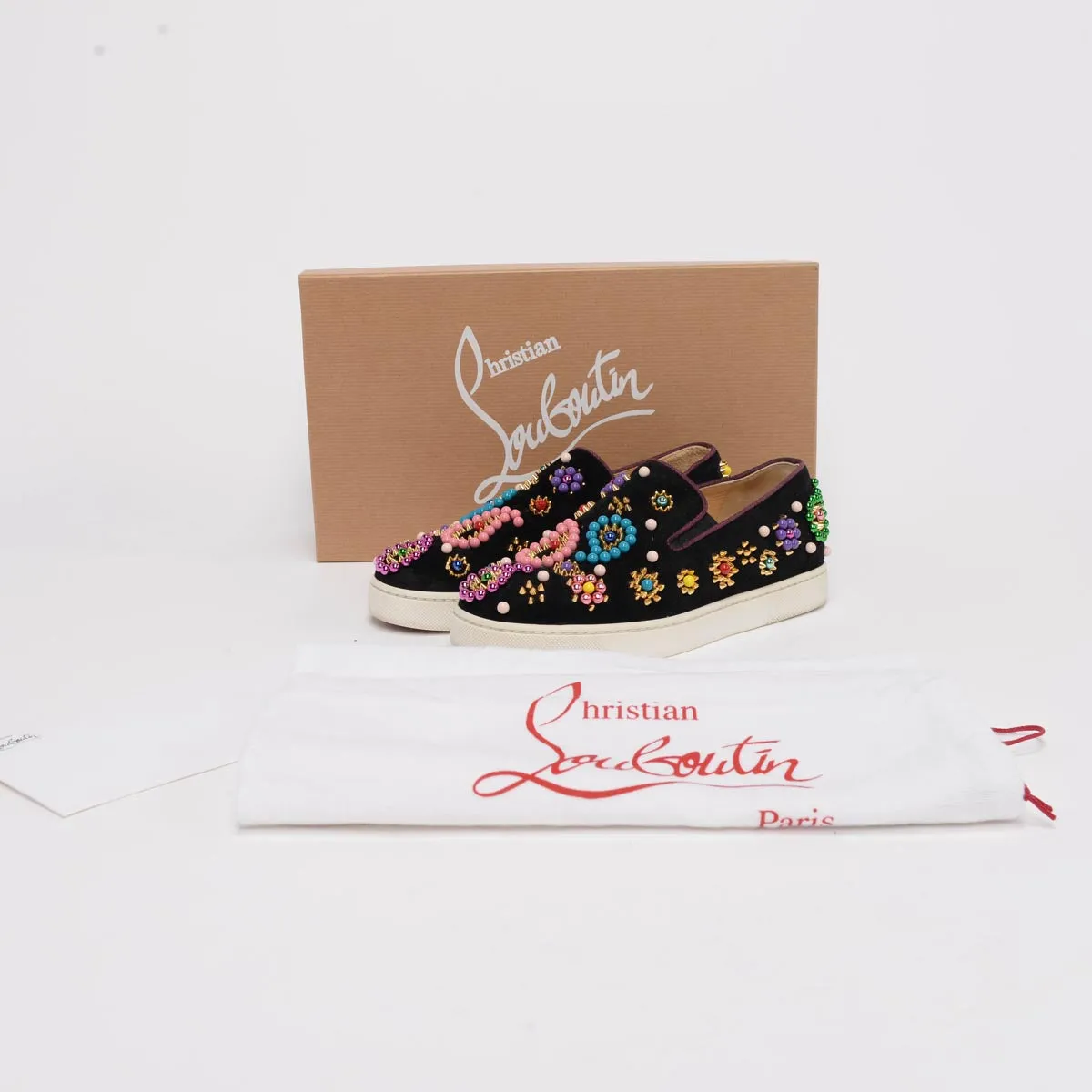 Christian Louboutin Black Suede Studded Boat Candy Sneakers 35.5