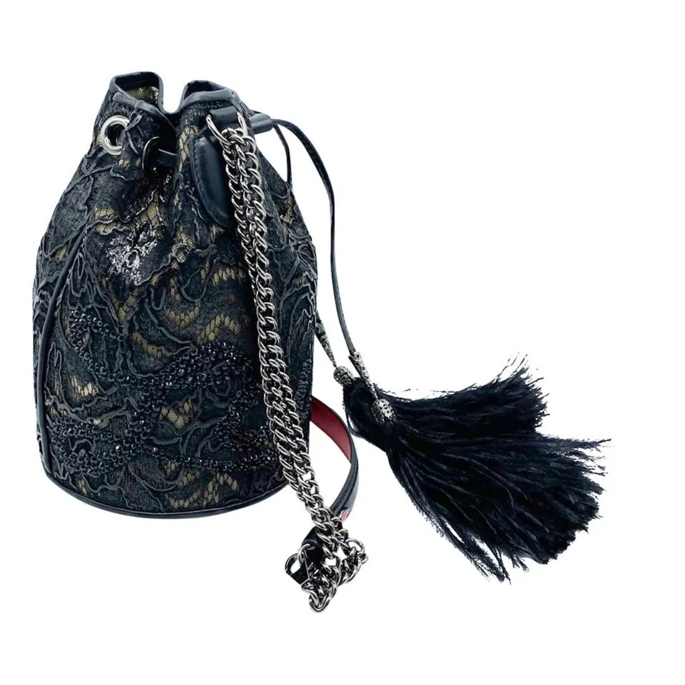 Christian Louboutin Bucket Marie Jane Lace Black Leather Shoulder Bag