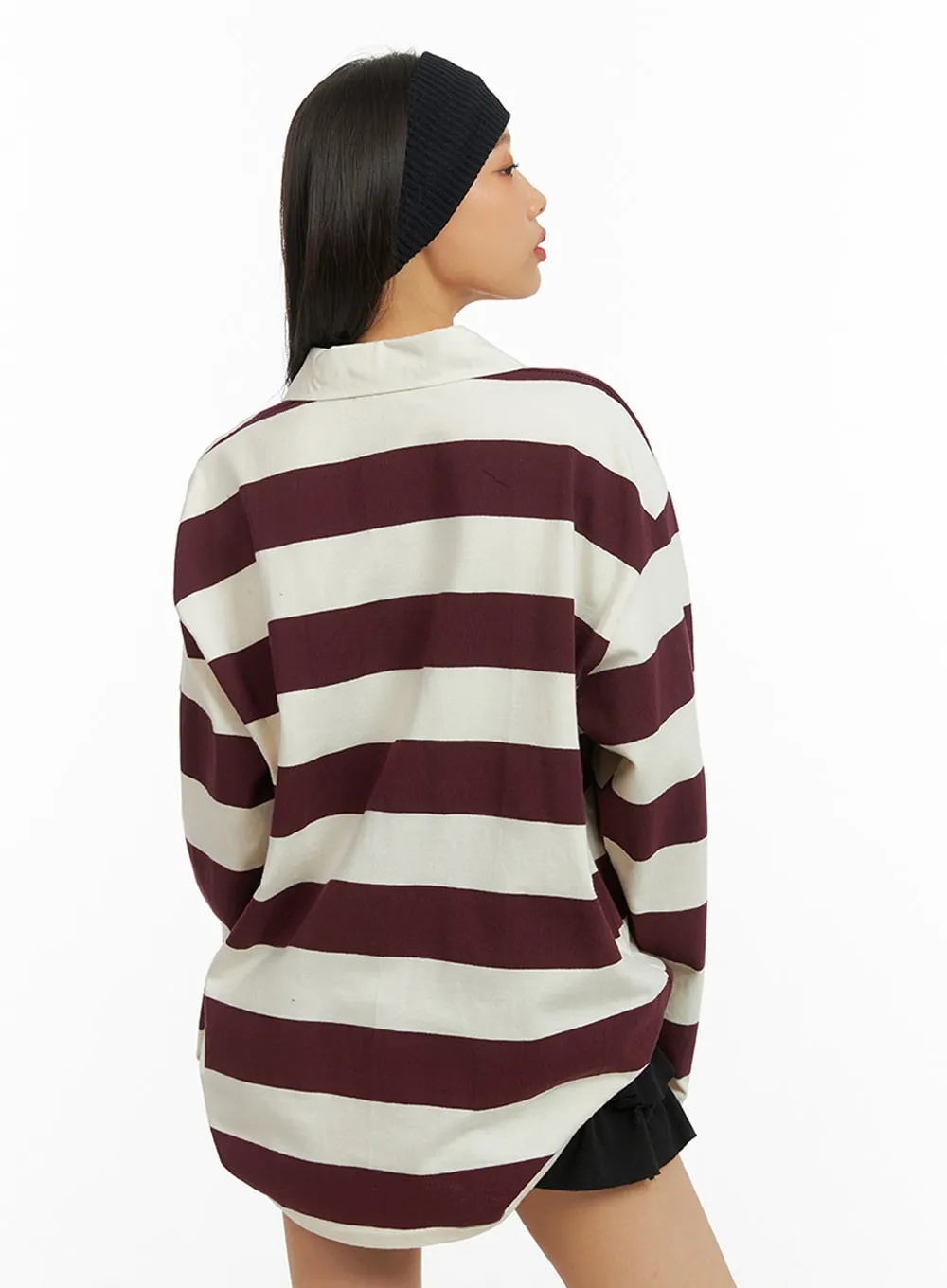 Collar Stripe Oversized Polo Shirt IA417