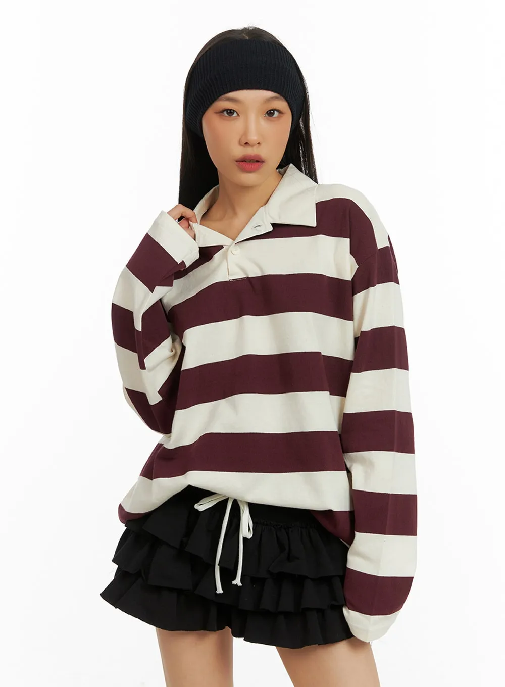 Collar Stripe Oversized Polo Shirt IA417