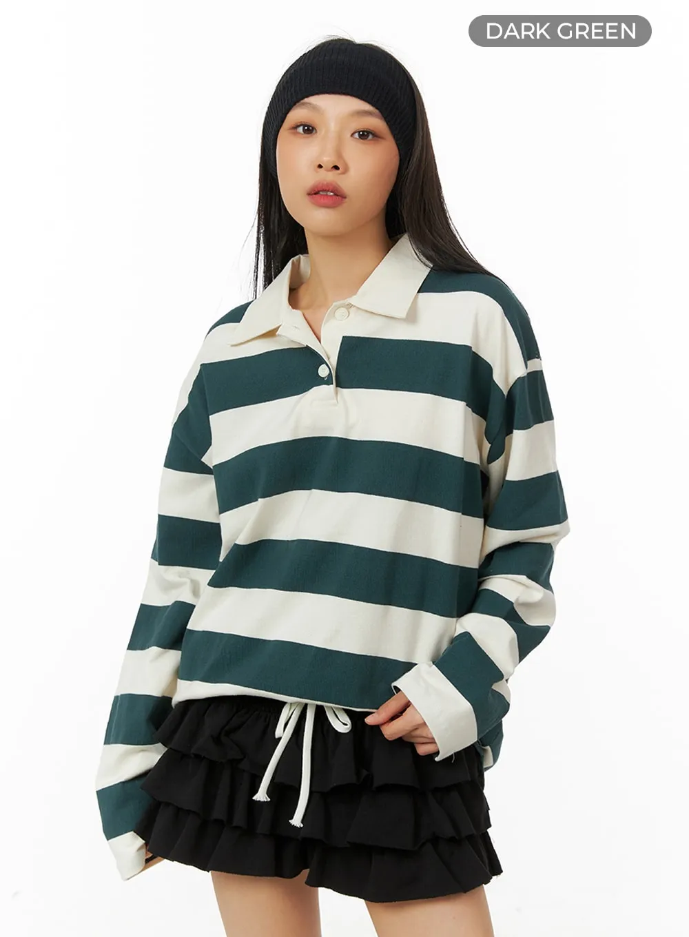 Collar Stripe Oversized Polo Shirt IA417