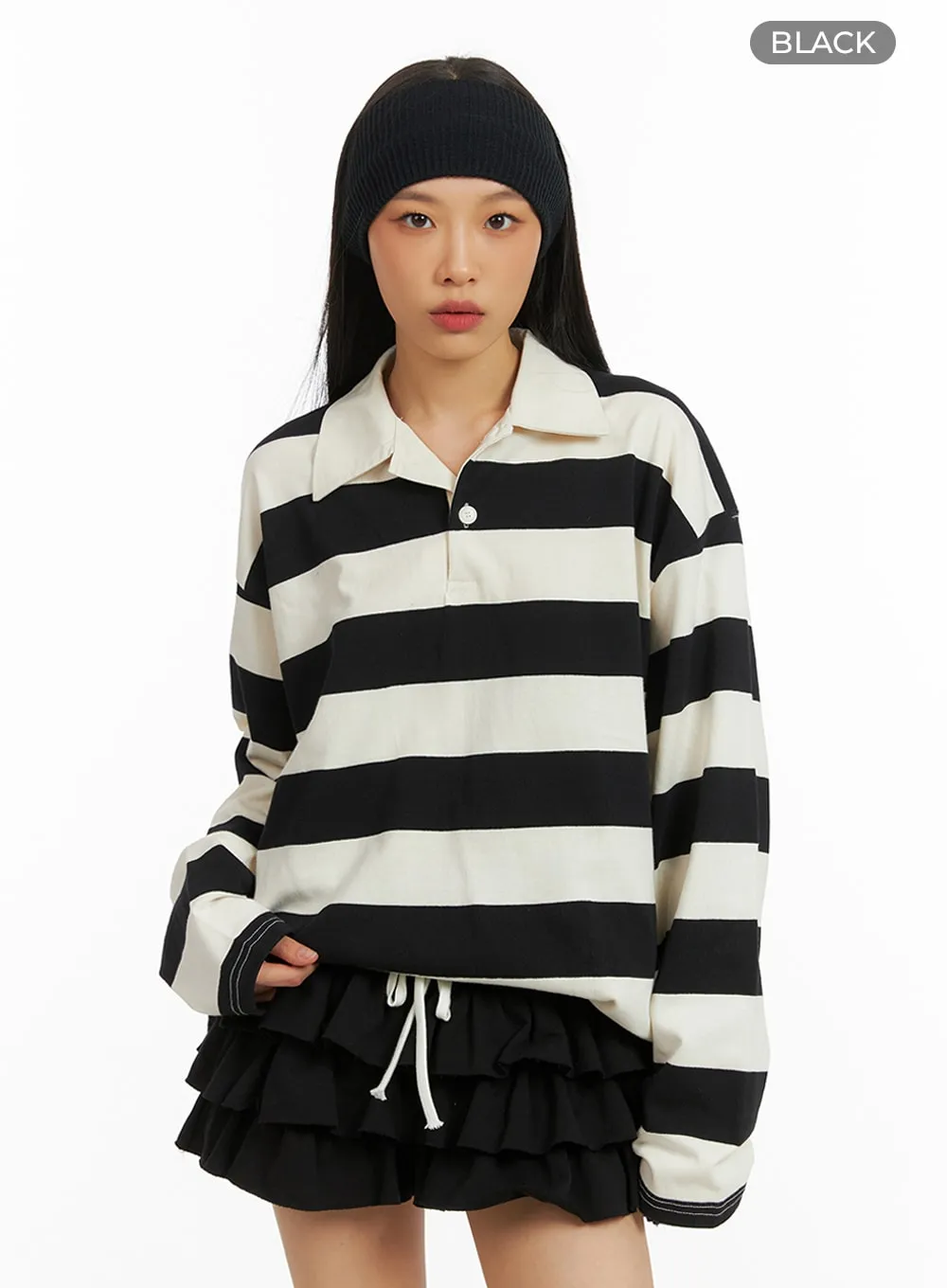 Collar Stripe Oversized Polo Shirt IA417