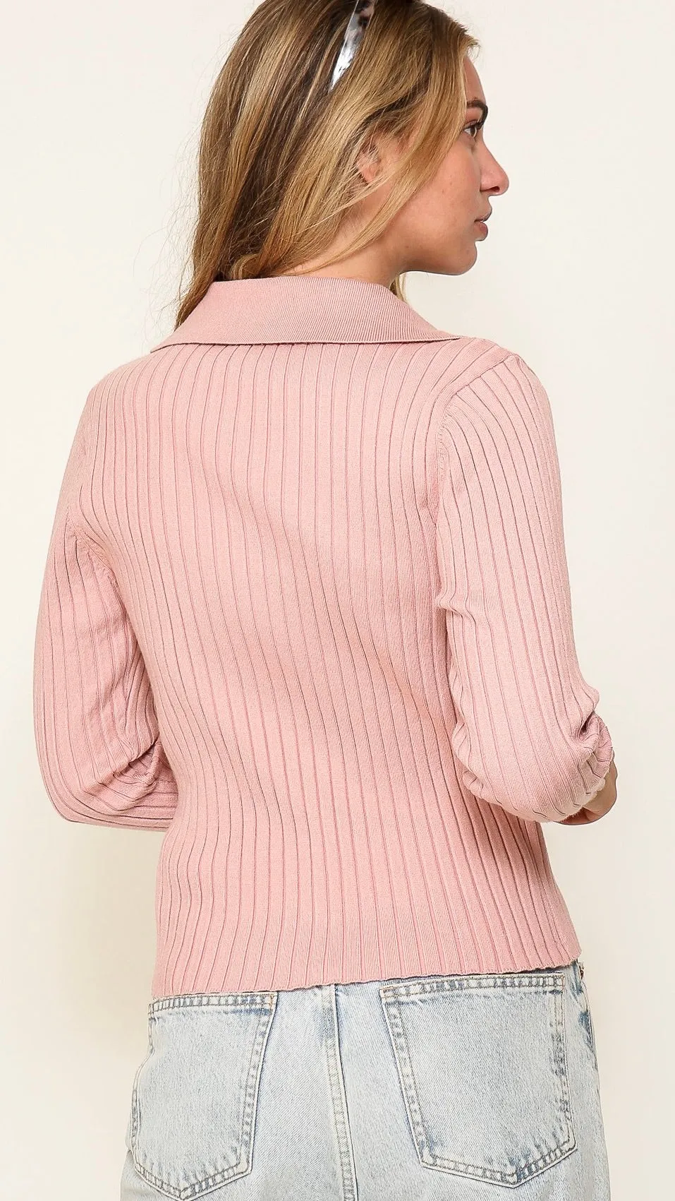 Collared Ribbed Knit Top Blush