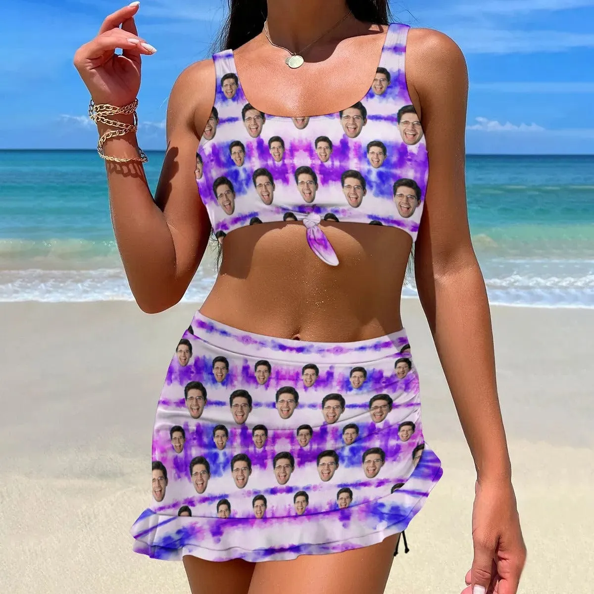 Custom Face Purple Bikini Set Personalized Drawstring Chest Strap Bikini Skirt