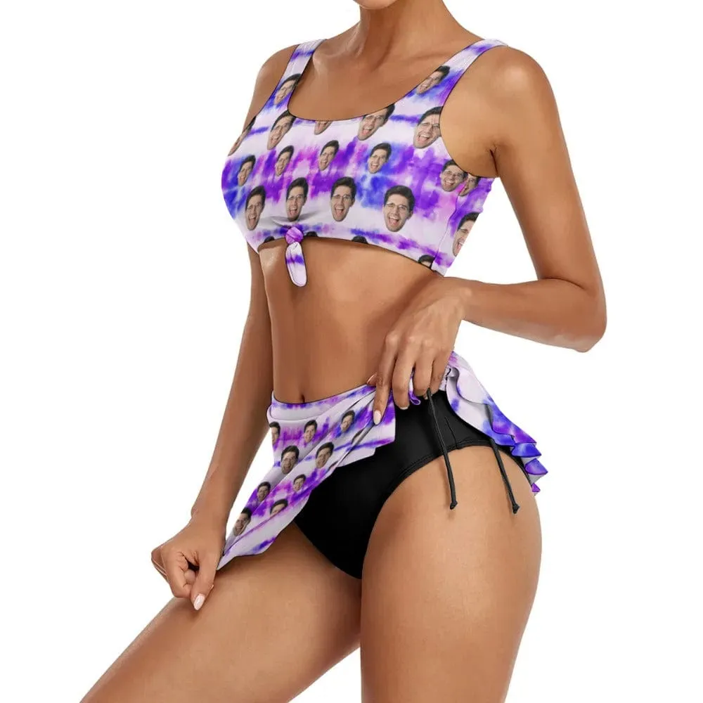 Custom Face Purple Bikini Set Personalized Drawstring Chest Strap Bikini Skirt