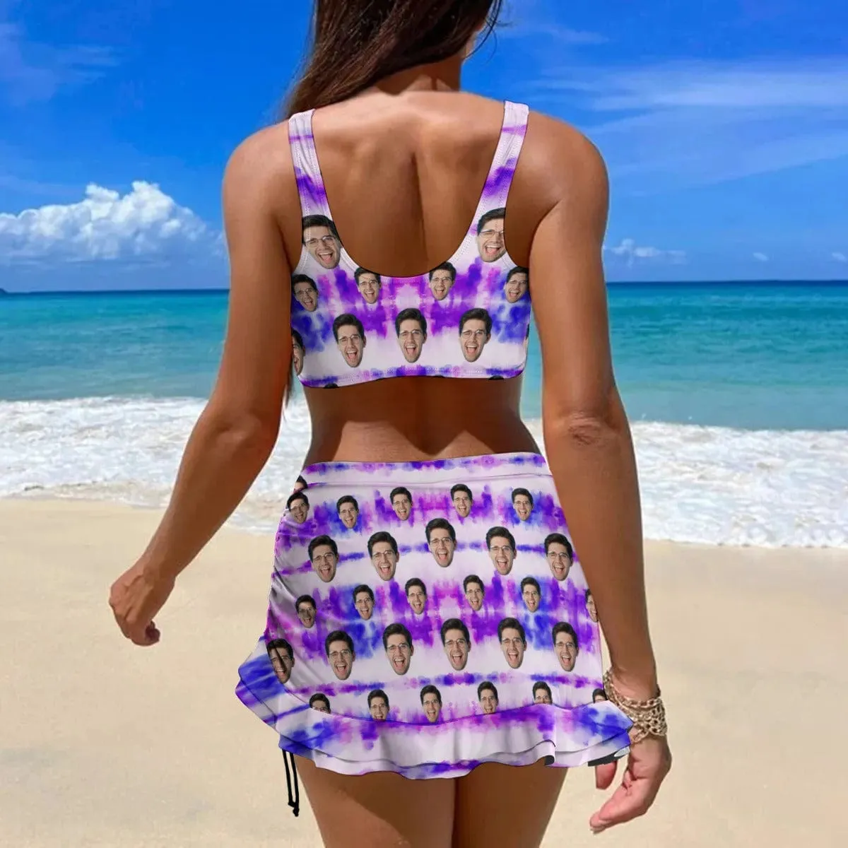 Custom Face Purple Bikini Set Personalized Drawstring Chest Strap Bikini Skirt