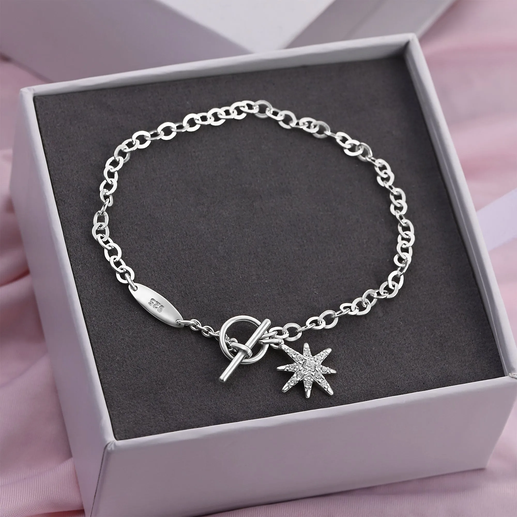 CZ North Star Silver Bracelet T-Bar Star Jewelry