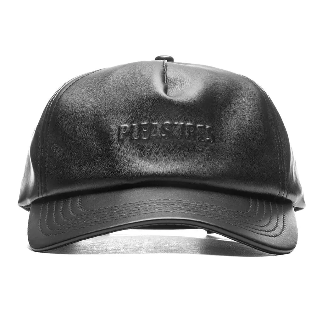 Debossed Vegan Leather 5 Panel Hat - Black