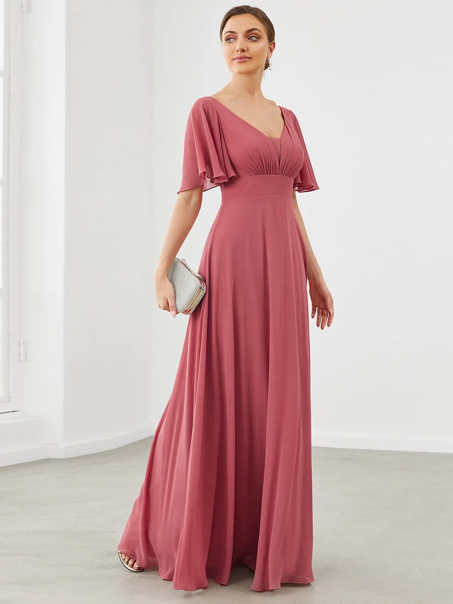 Deep V Neck Short Ruffles Sleeves A Line Wholesale Bridesmaid Dresses