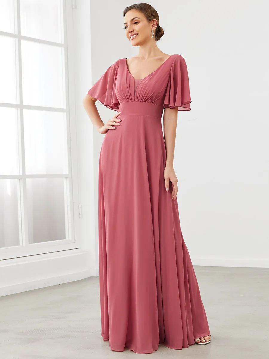 Deep V Neck Short Ruffles Sleeves A Line Wholesale Bridesmaid Dresses