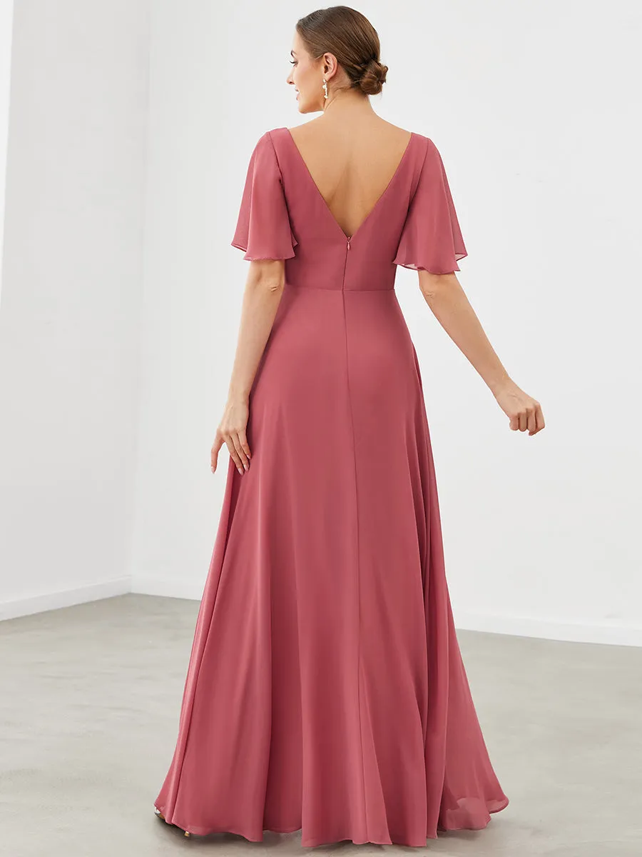 Deep V Neck Short Ruffles Sleeves A Line Wholesale Bridesmaid Dresses